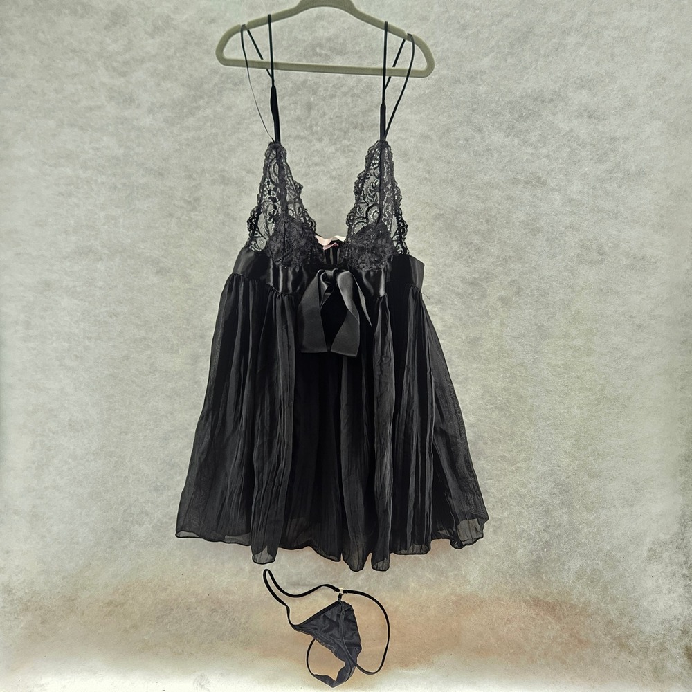 Victorias Secret Black Lace Babydoll Chemise Teddy Slip and V String Set Medium